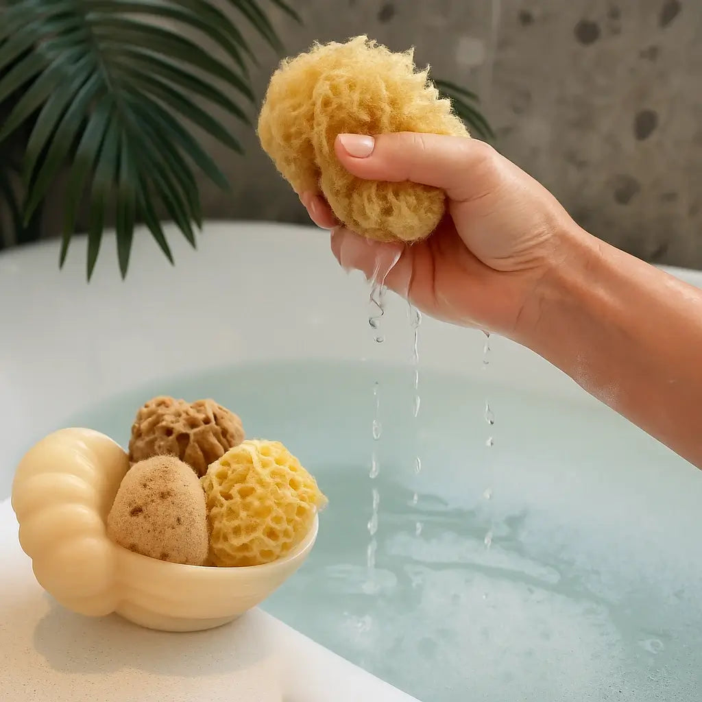 Hand holding a sa sponge over a bowl of sea sponges with water droplets, against a blurred bathtub background.