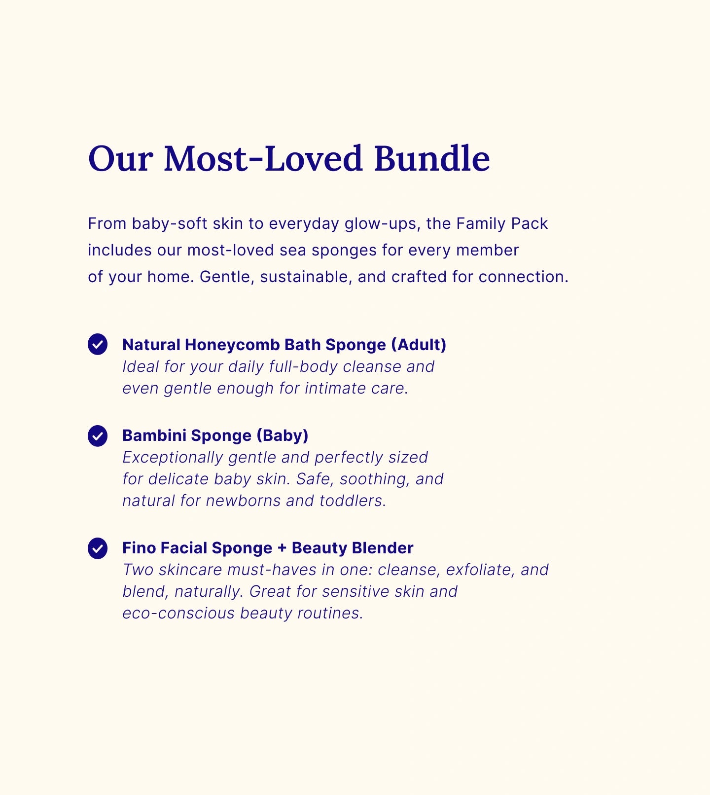 Product description of a family pack with natural sea sponges on a white background