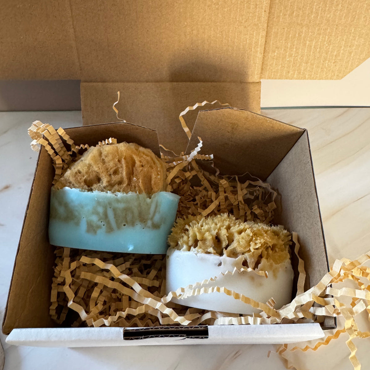 one blue and one swhite soap bar with a sea sponge inside