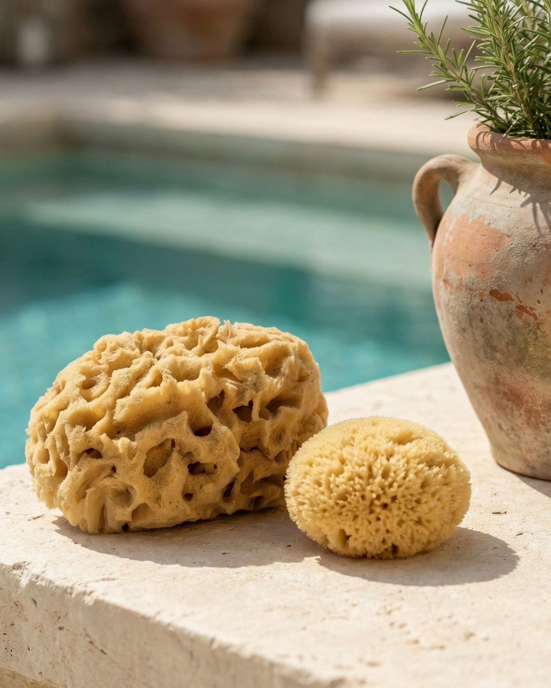 Sponges on stone surface by the pool