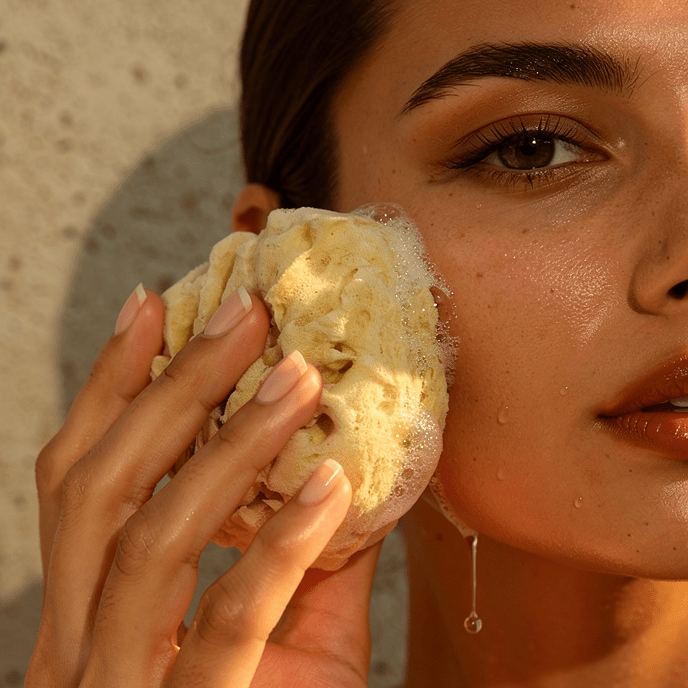 model washing her face with honeycomb sea sponge