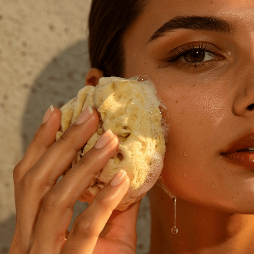 model washing her face with honeycomb sea sponge