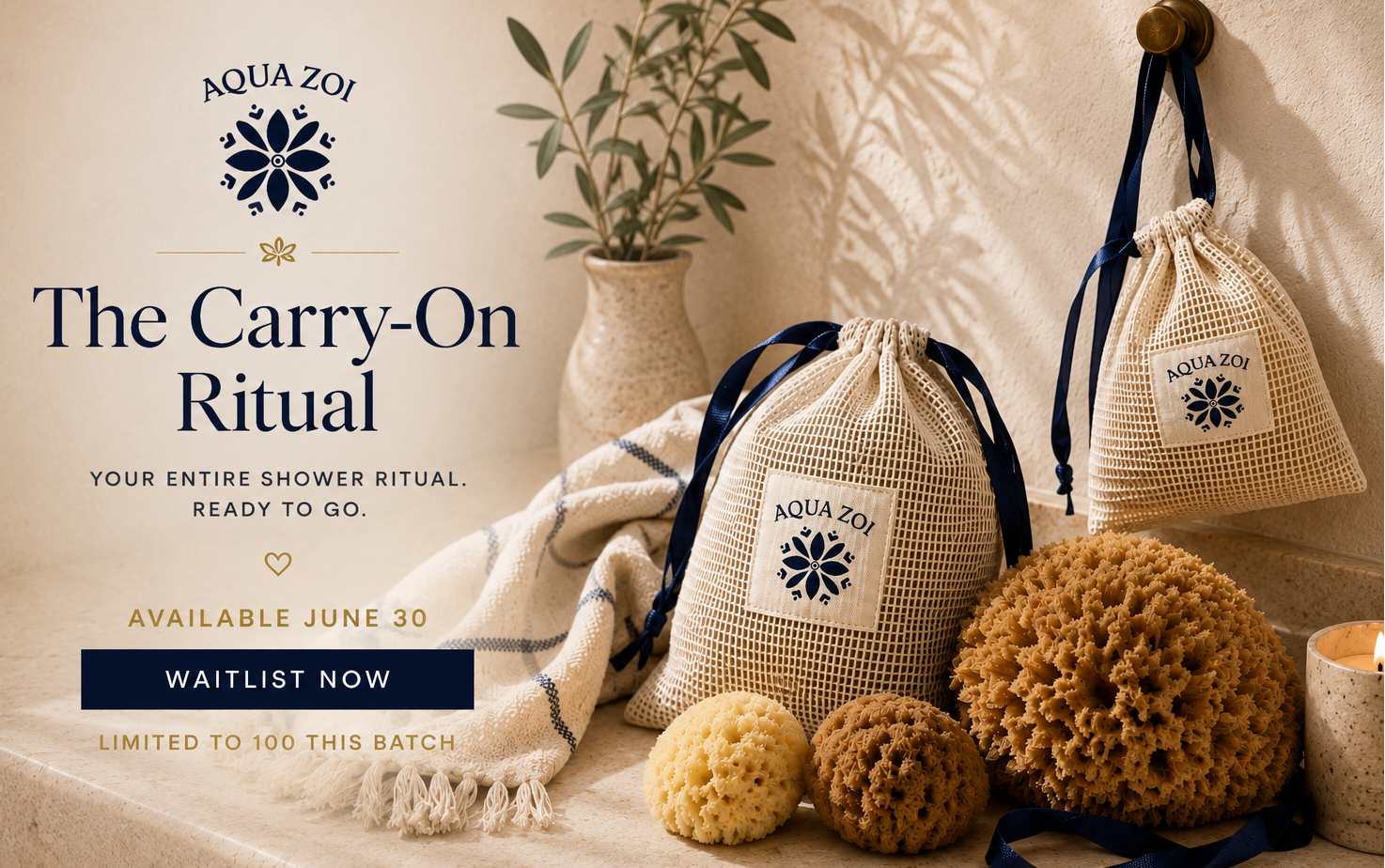 Aqua Zoi shower ritual set with bags, towels, and sponges on a neutral background.