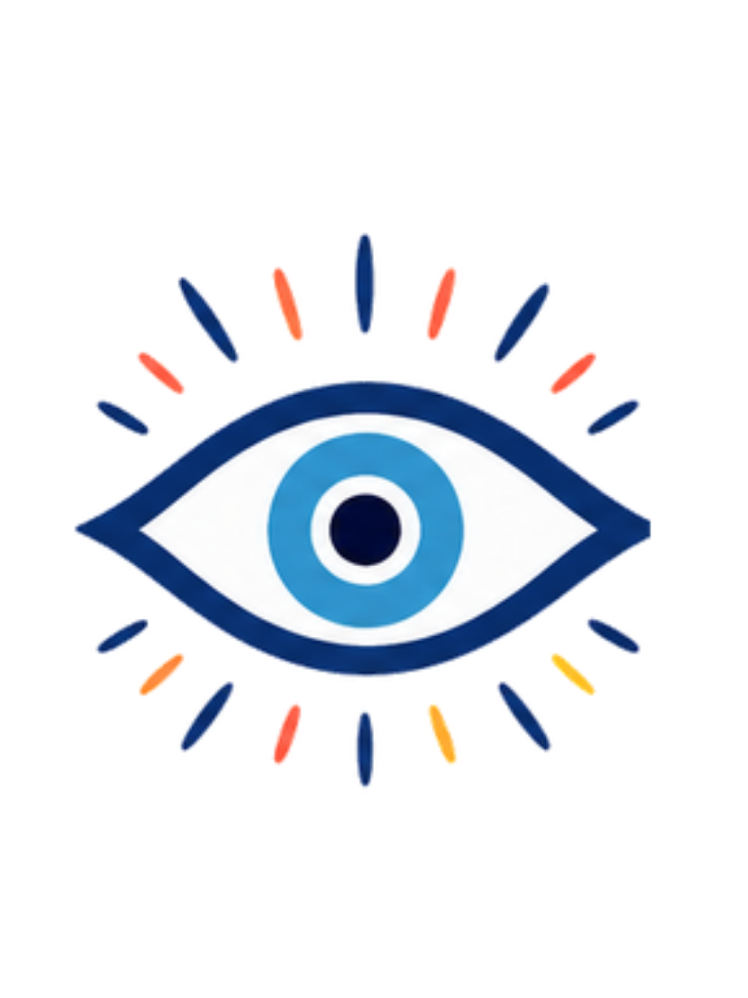 A stylized blue eye icon with a dark blue iris, light blue center, and small orange and yellow radiating marks on a white background.