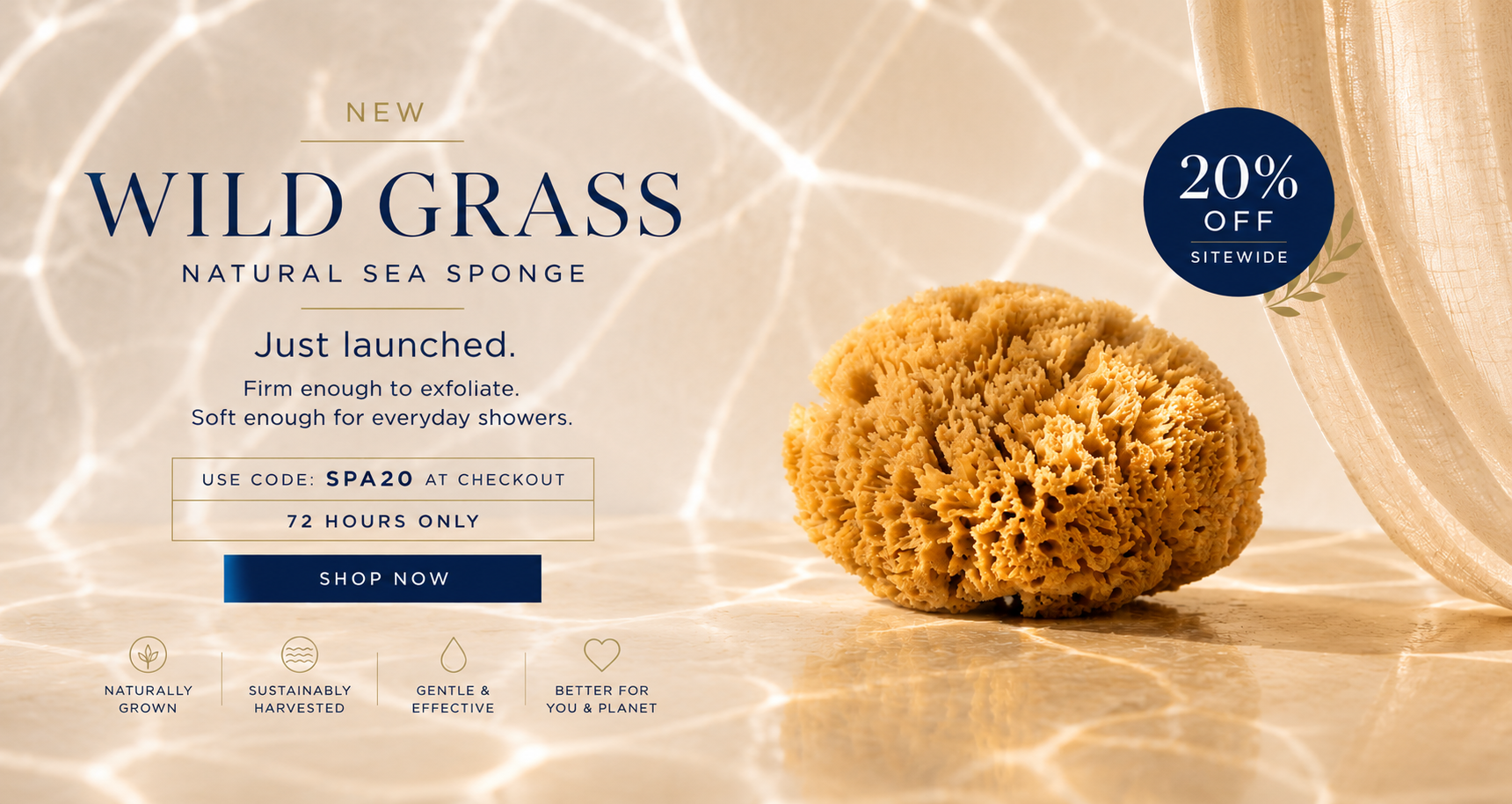 Wild Grass natural sea sponge with promotional text and code on a light background