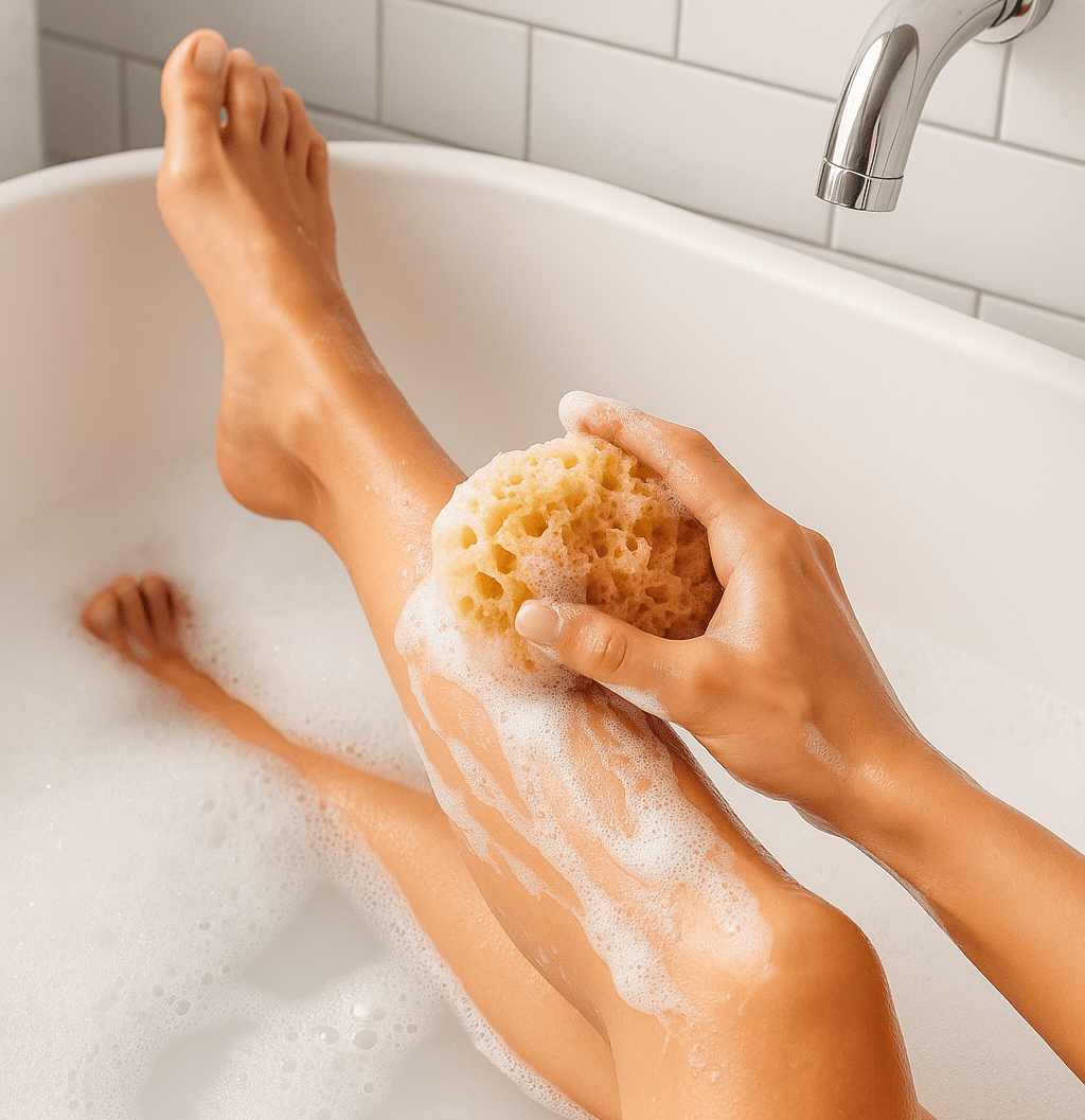 Person scrubbing legs with a natural sea sponge in a bathtub.