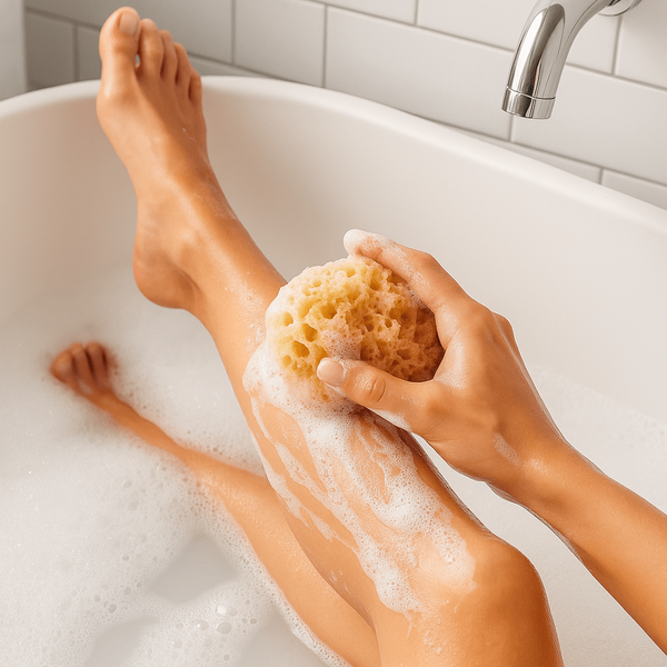 Person scrubbing legs with a natural sea sponge in a bathtub.