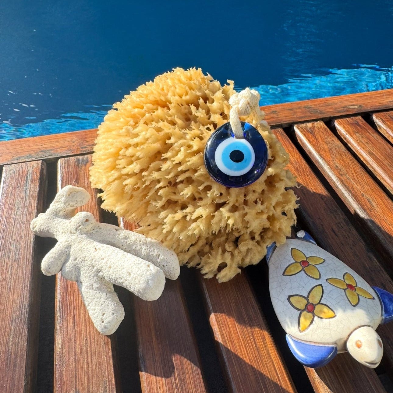 Limited Edition Luxe Mediterranean Sea Sponge + White Rope + Mati Charm - Aqua Zoi