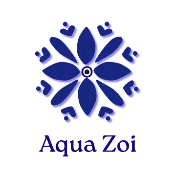 Logo of Aqua Zoi with a blue floral design on a white background