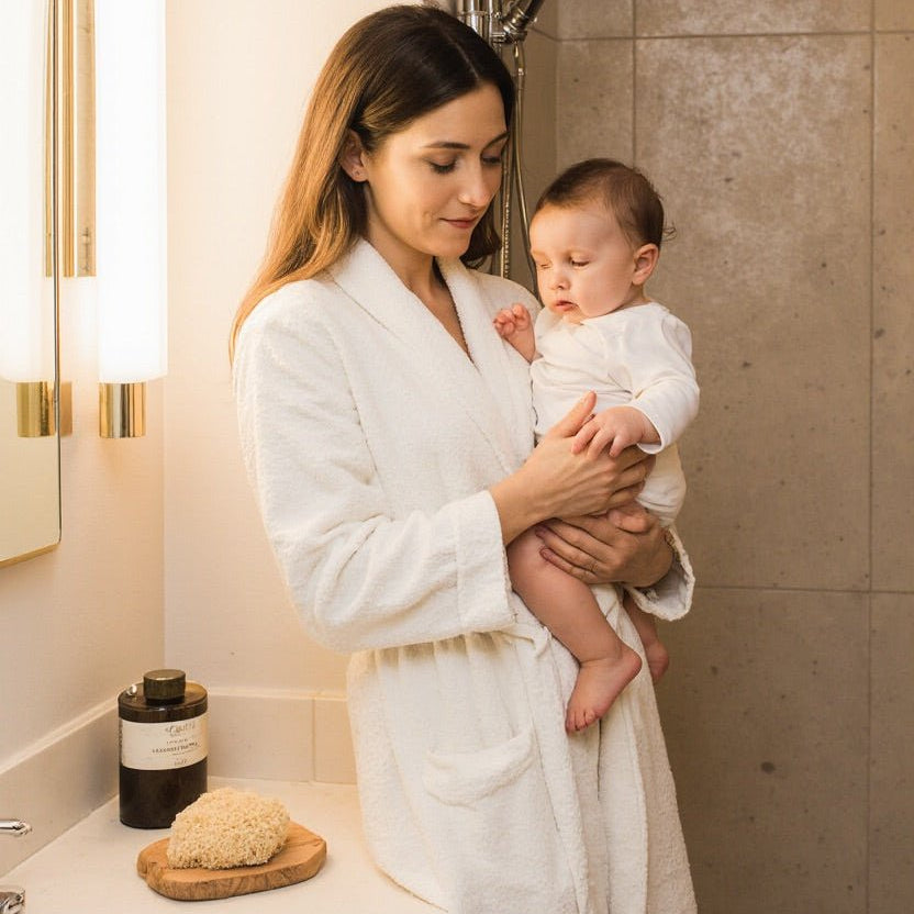 mother and baby in bathromm with natural sea sponge