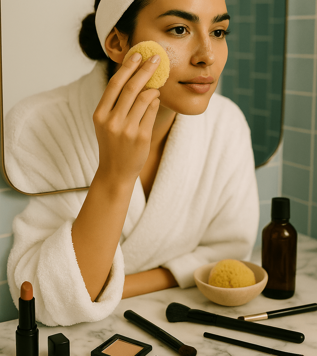 mediterranean woman applying makeup with natural sea sponge as beauty blender