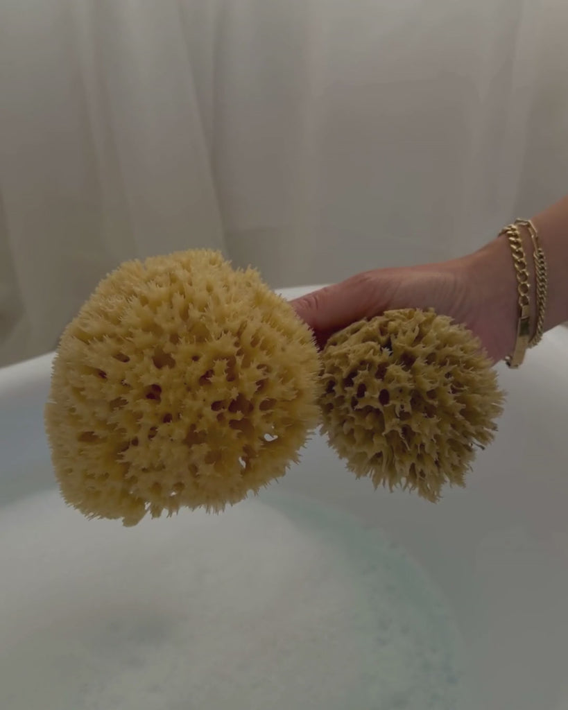 working up a rich lather with a sea sponge over a bath