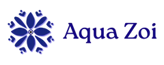 Aqua Zoi rectangle logo with a blue floral design on a transparent background