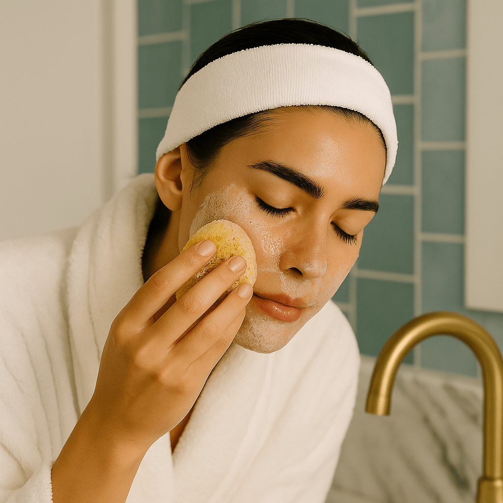 model washing face with natural sea sponge