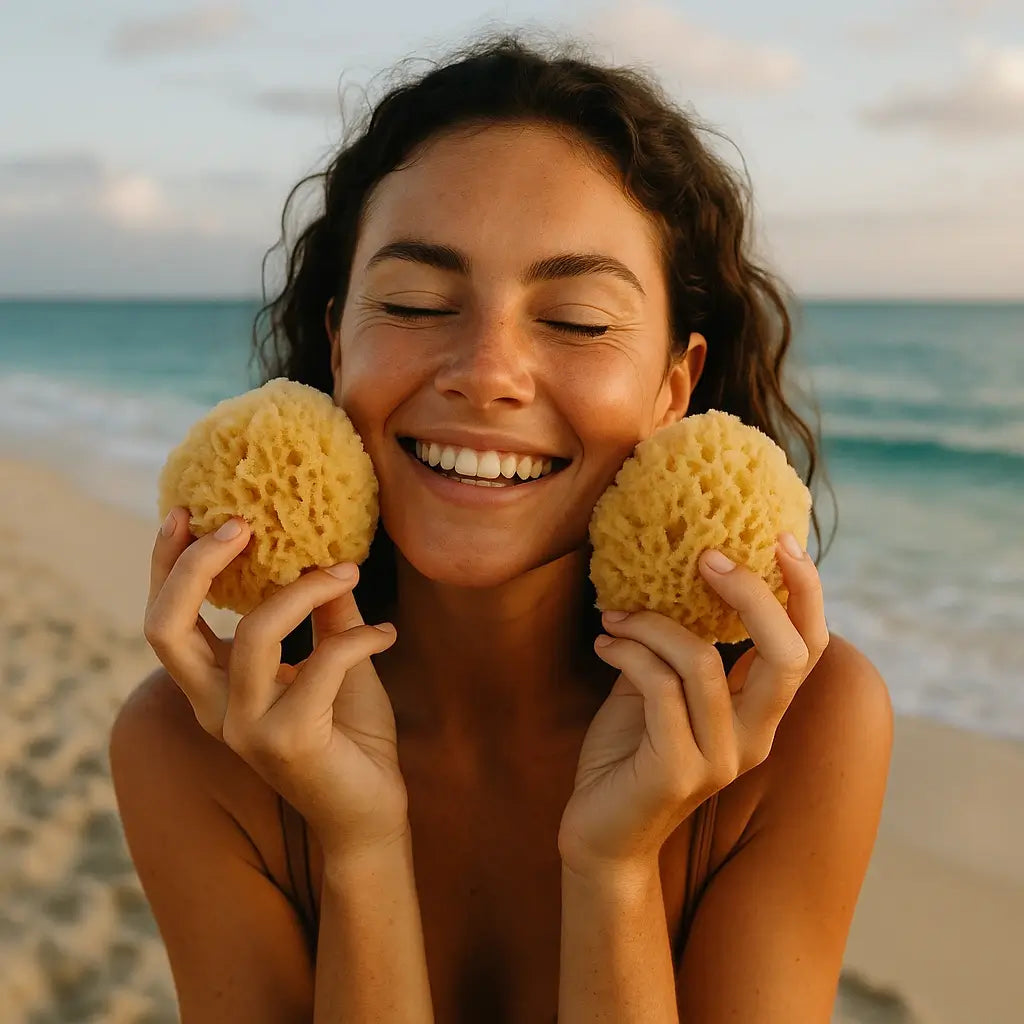 Woman holding two sea sponges on a beach with ocean in the background