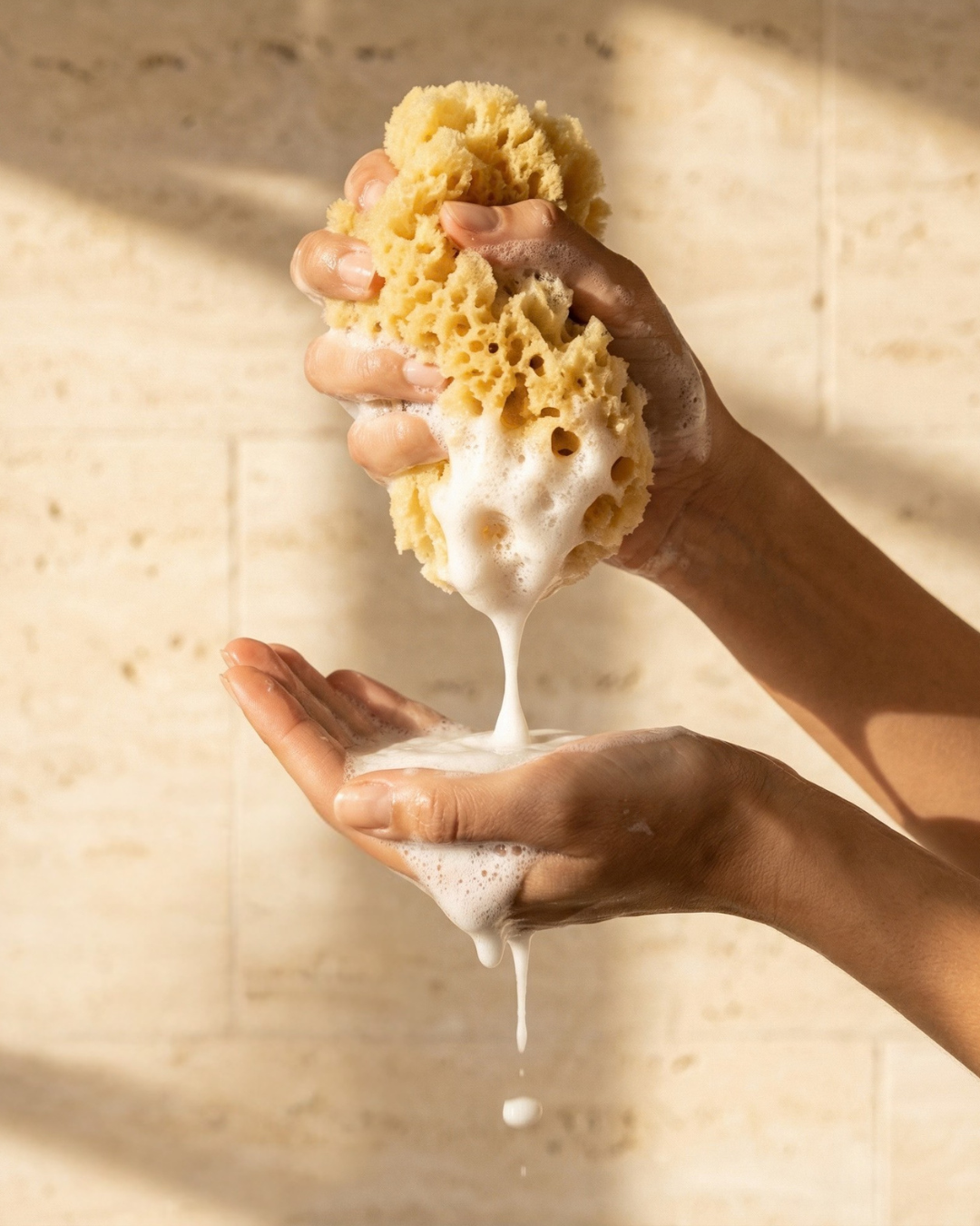 Hand holding a sea sponge with lather on a neutral background