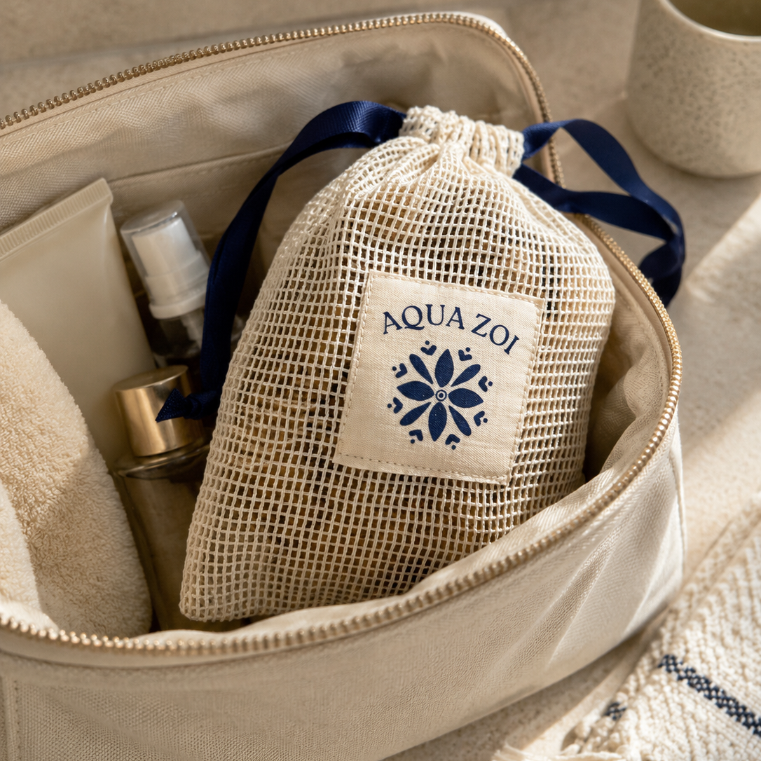 Open beige toiletry bag with Aquazoi product and towel on a neutral background