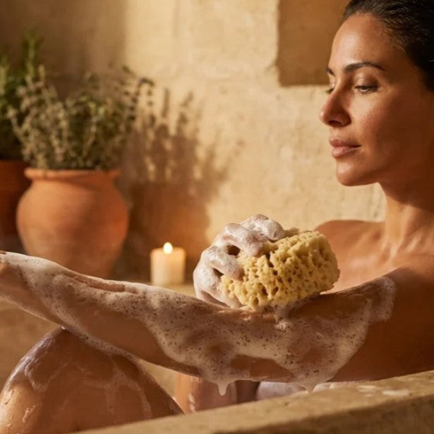 Woman in a bathtub with a sponge and bubbles, surrounded by potted plants and a candle.